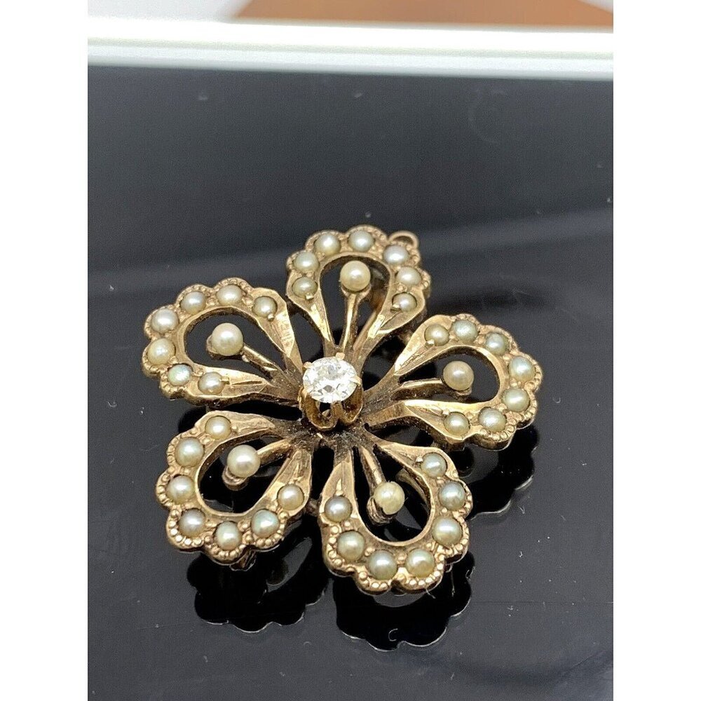 Antique Victorian Brooch Pendant Diamond Seed Pearl 10k Yellow Gold Flower 1''